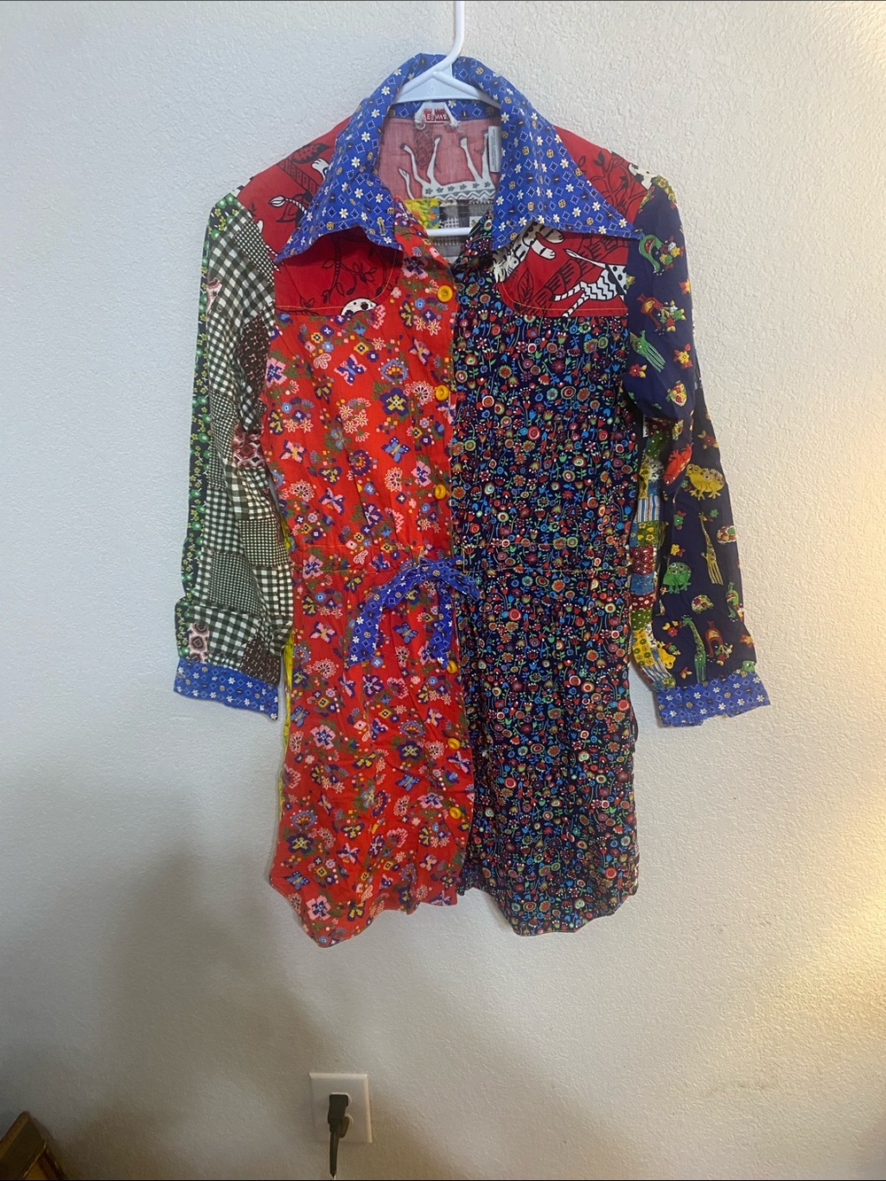 Patchwork Floral Button-Front Dress in Red and Multi